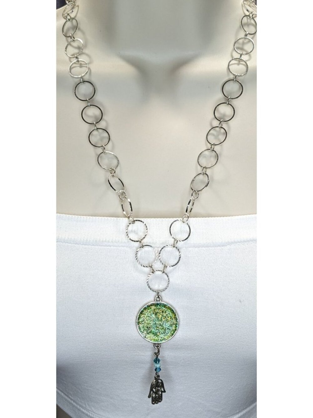 Handmade Glitter Pendant Necklace Hamsa Charm Green Silver Boho Indie
